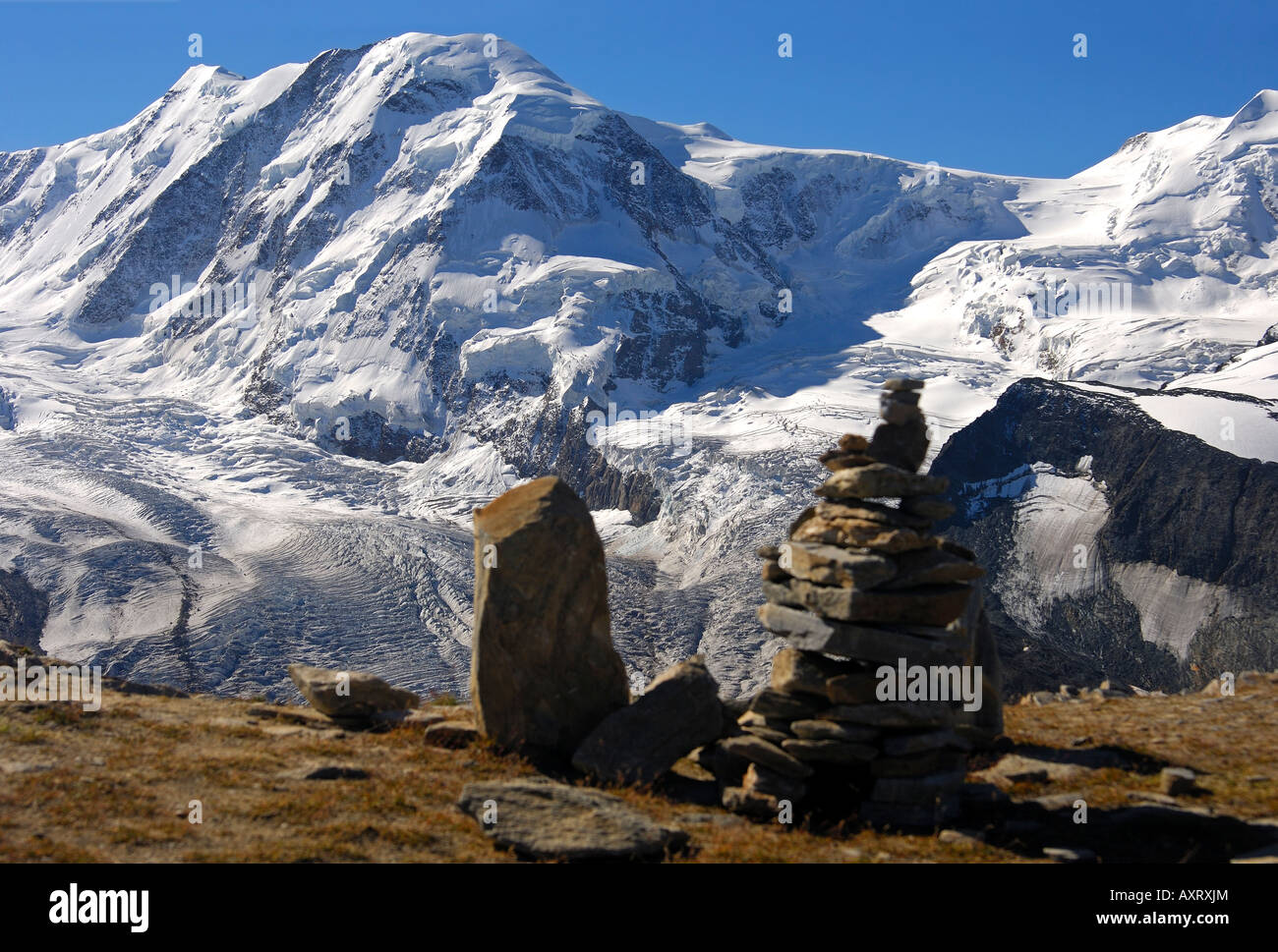 Vista panoramica dal Gornergrat alla vetta Liskamm, Zermatt, Vallese, Svizzera Foto Stock