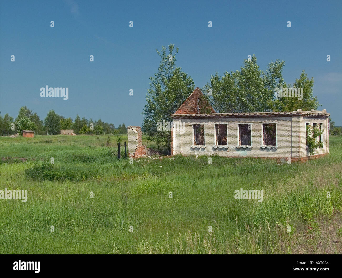 Proprietà abbandonati con tetto mancanti e annessi distanti nel lussureggiante paesaggio pastorale, Chernobyl zona di esclusione, Belarus Ucraina confine di stato Foto Stock