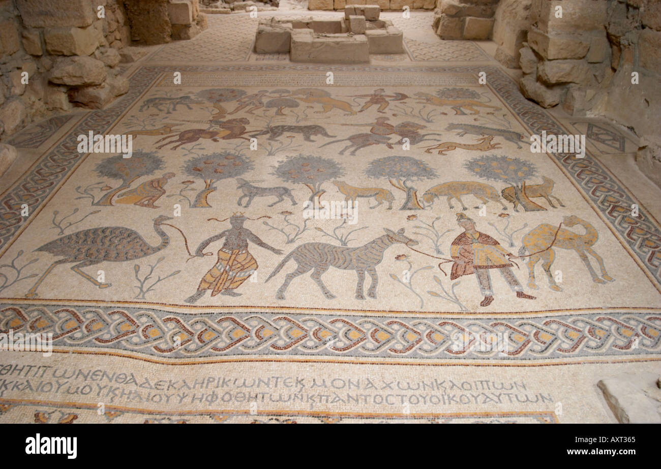 Mosaici all'interno la chiesa sul monte Nebo in Giordania, dove Mosè morì dopo aver visto il promesso Pand Foto Stock