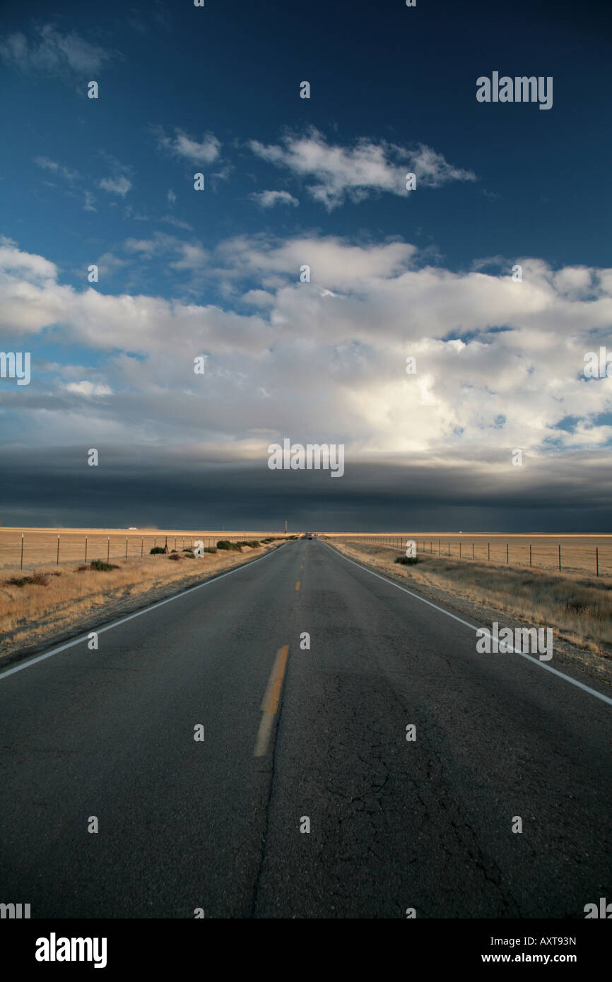 Vista di una autostrada che conduce in una tempesta davanti nel deserto Foto Stock