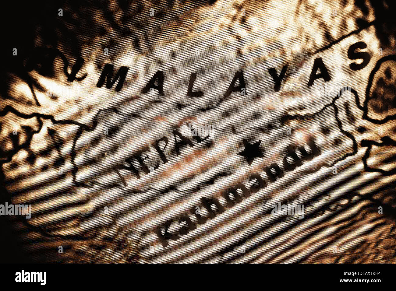 Close-up mappa del paese Nepal e l'Himalaya gamma della montagna nel sud est asiatico. Foto Stock