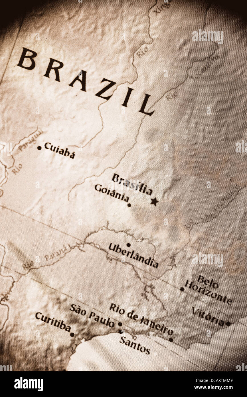 Close-up mappa del paese del Brasile in Sud America Foto Stock