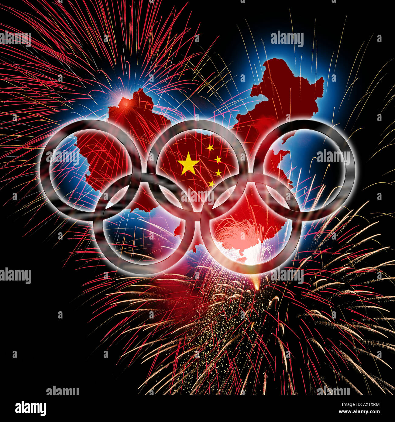 Anelli olimpici sulla mappa stilizzata della Cina Foto Stock