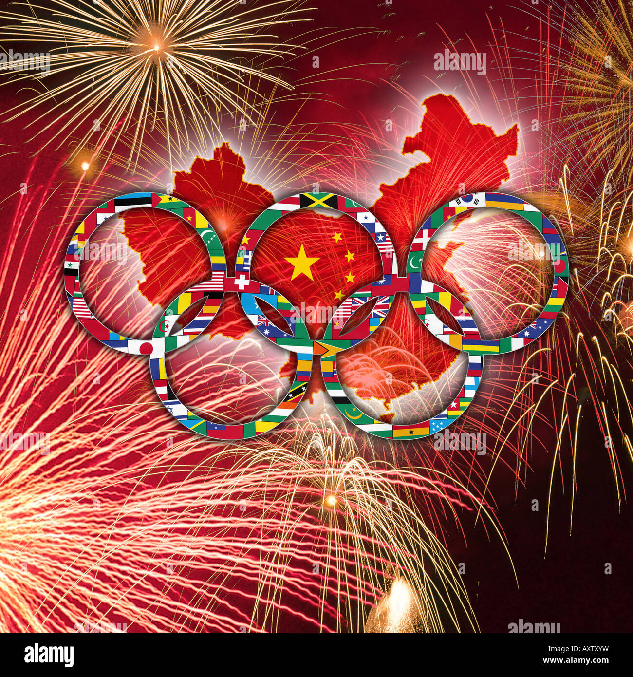 Modello di bandiera riempito anelli olimpici sulla mappa stilizzata della Cina Foto Stock