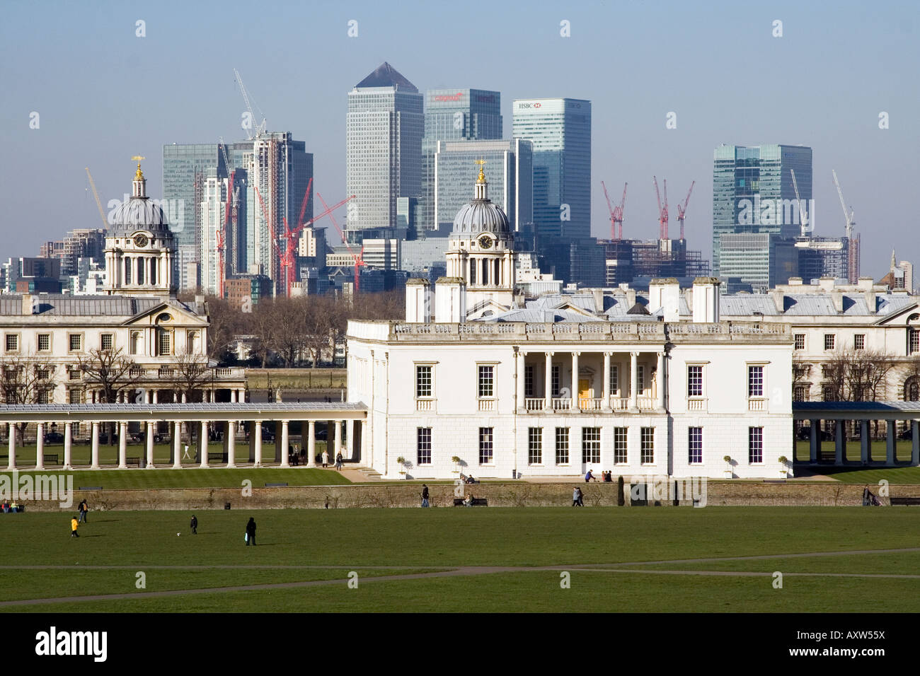 Queens House Greenwich e Canary Wharf Foto Stock