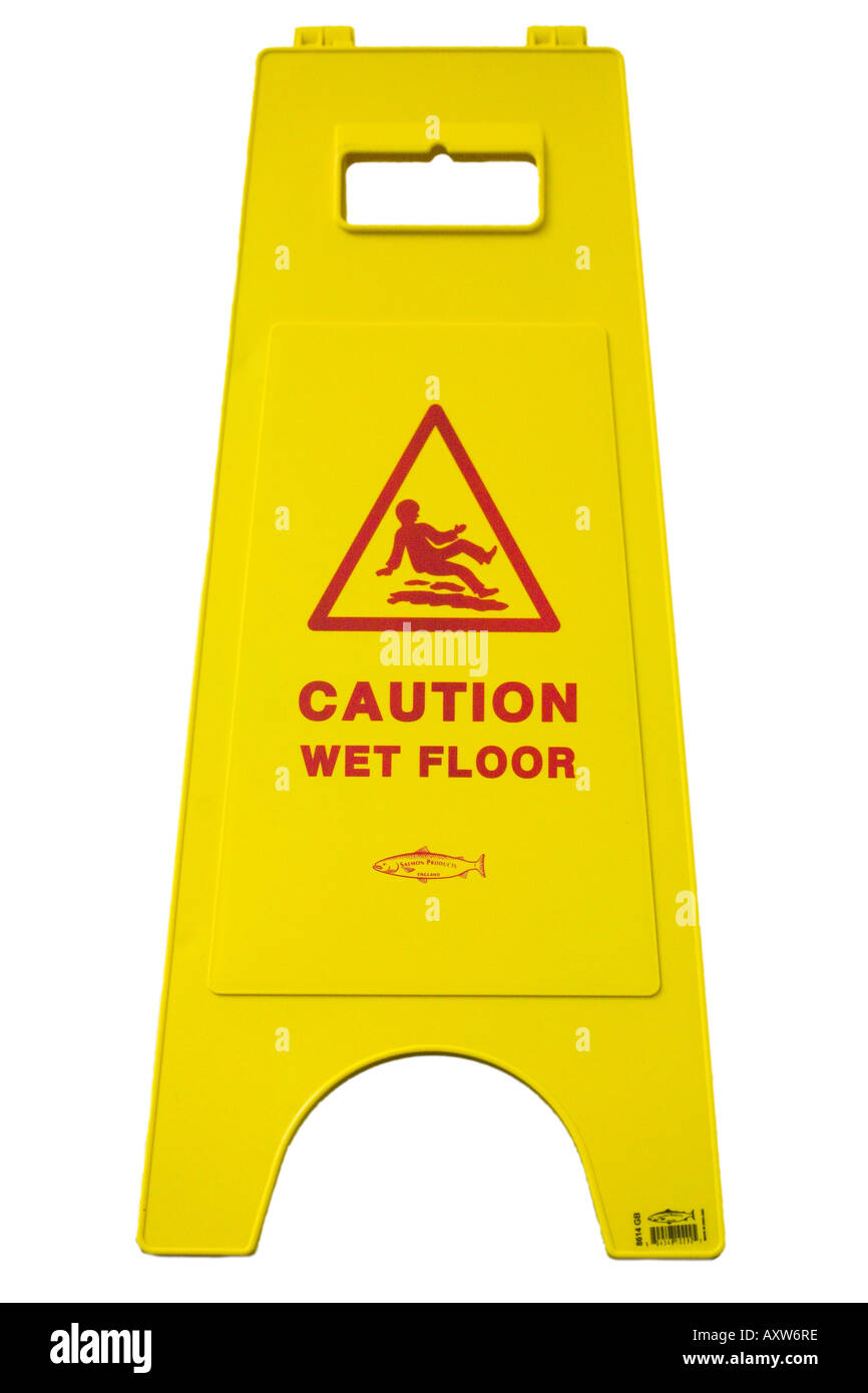 Umido giallo segno di pavimento scivoloso slip skid cadere Foto Stock