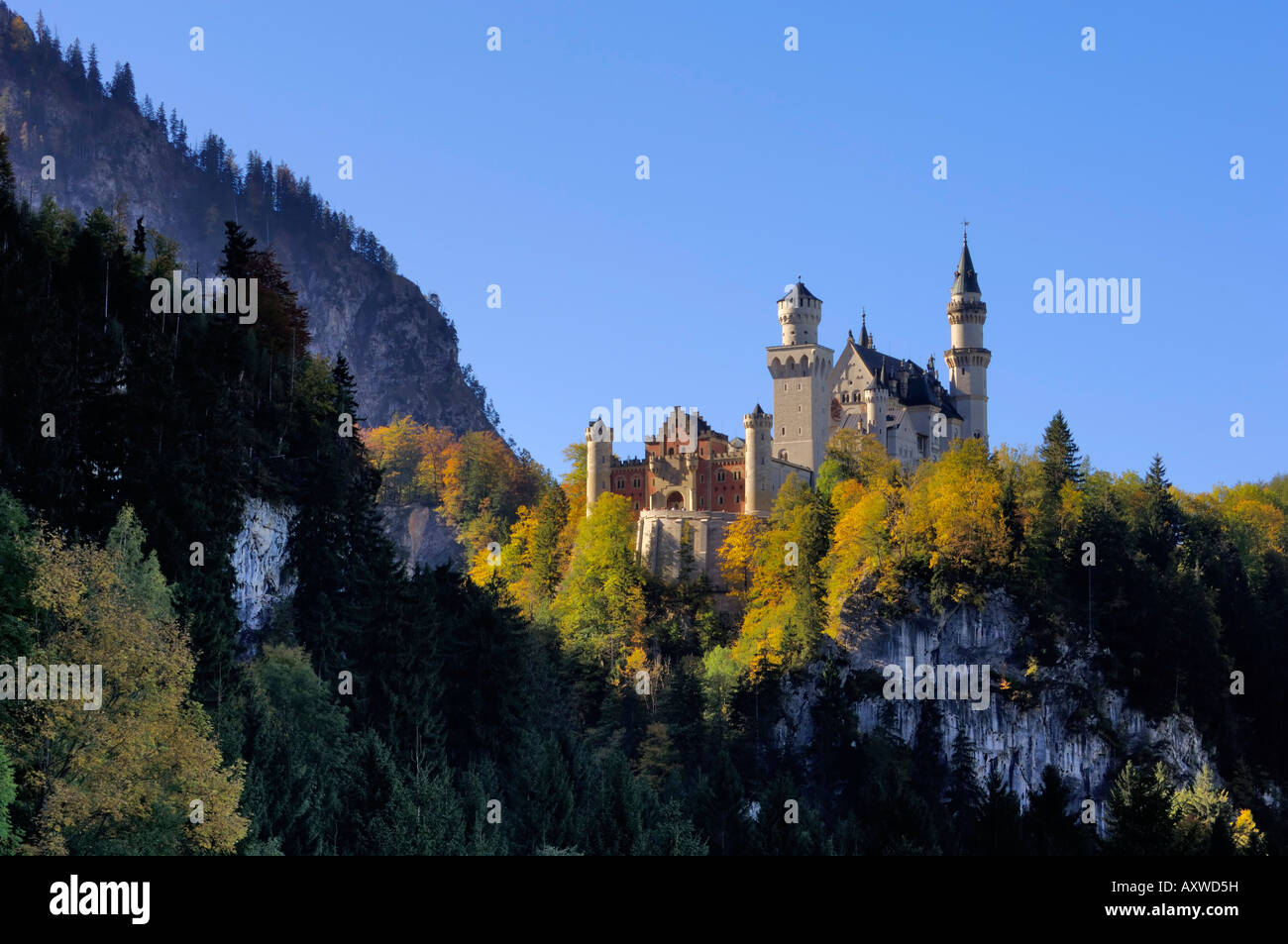 Il castello di Neuschwanstein e castello da favola costruito da re Ludwig II, vicino a Fussen, Baviera, Germania Foto Stock