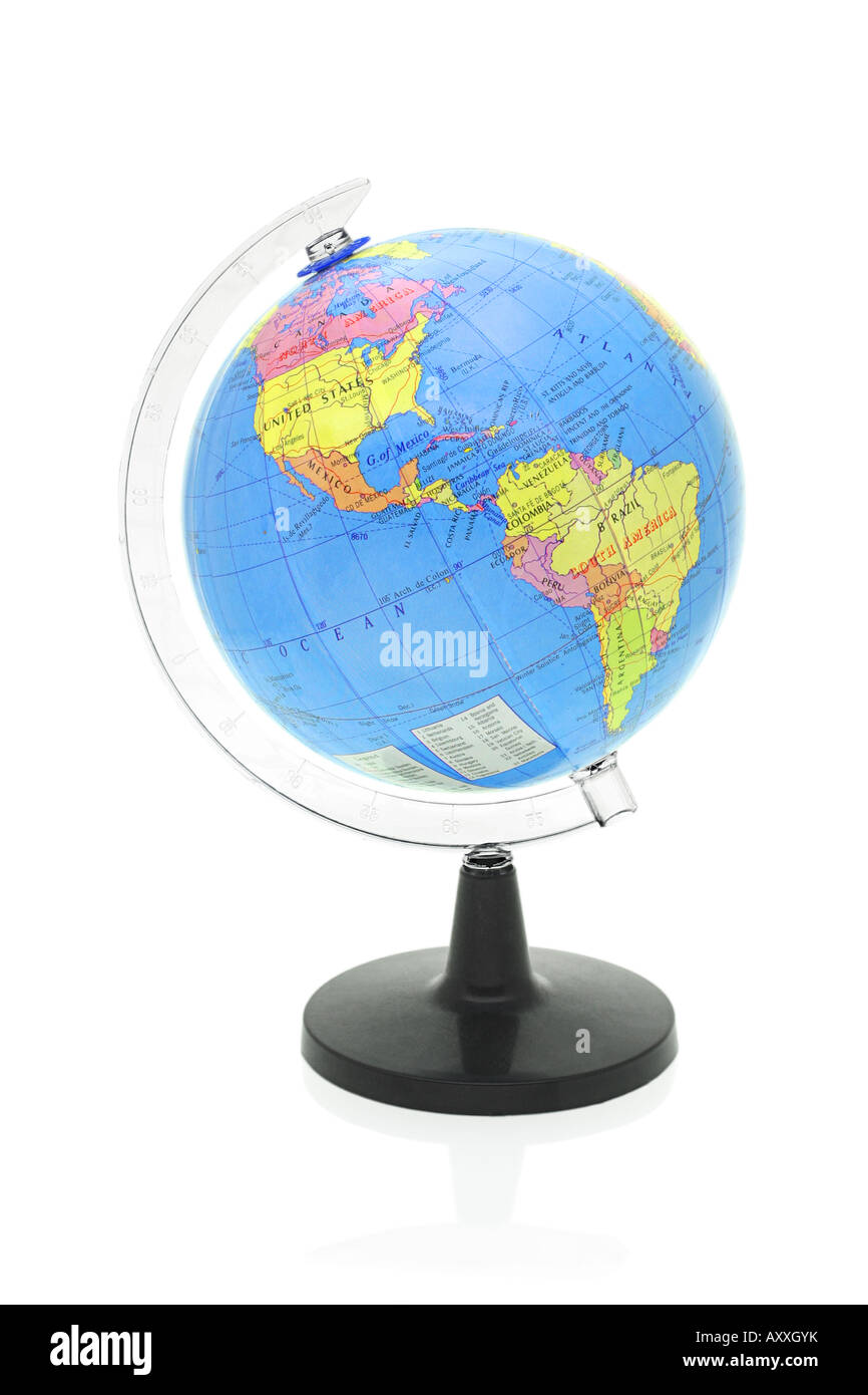 Globo di plastica che mostra il Nord e Sud America e su sfondo bianco Foto Stock