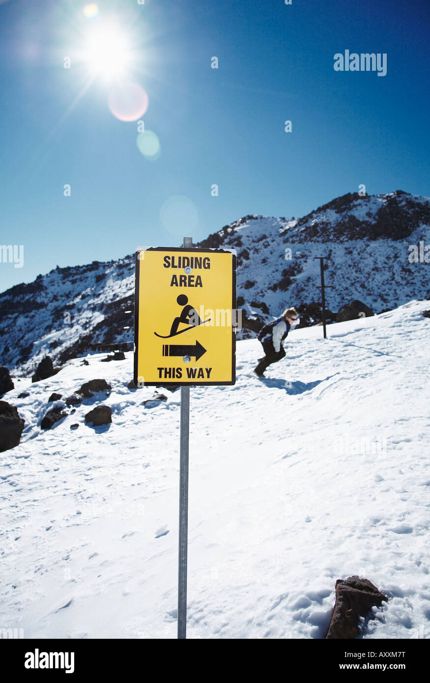 Segno indicante slidind area sulla neve piste da sci Foto Stock