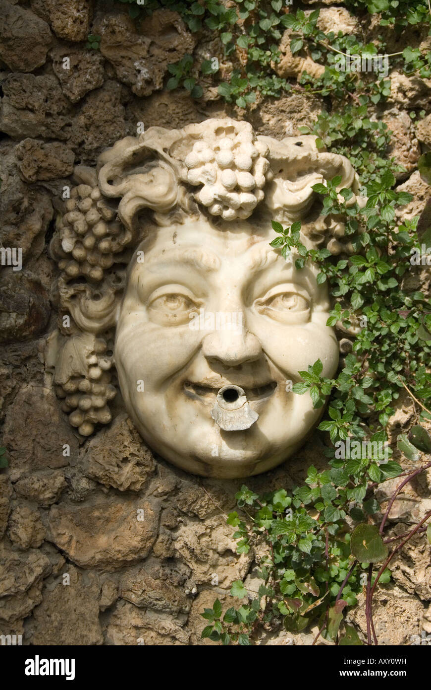 Fontana a muro in forma di una testa di Bacco presso i giardini della Villa Medicea La Petraia Toscana. Foto Stock