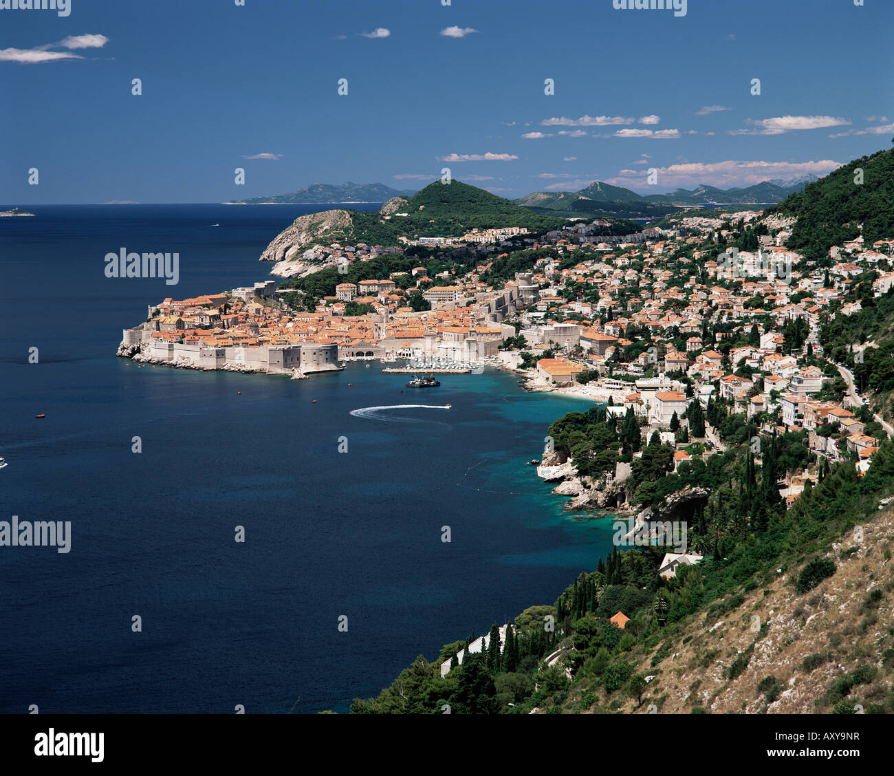 Vista in elevazione lungo la costa della città di Dubrovnik, Dalmazia, Dalmazia, Croazia, Europa Foto Stock