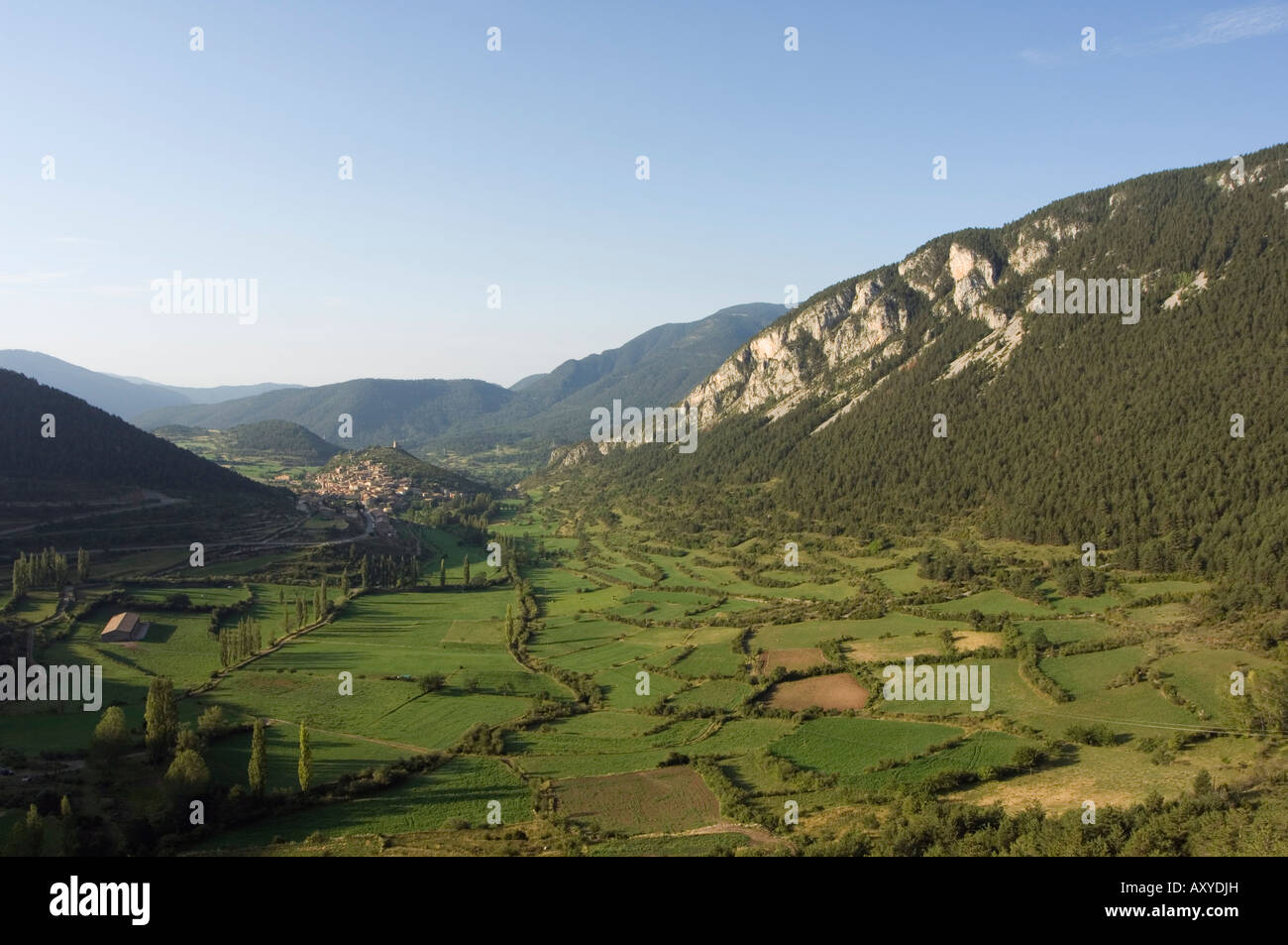 I campi verdi della Serra del Cadi (Sierra del Cadi) area, Catalogna (Catalunya) (Cataluña), Spagna, Europa Foto Stock