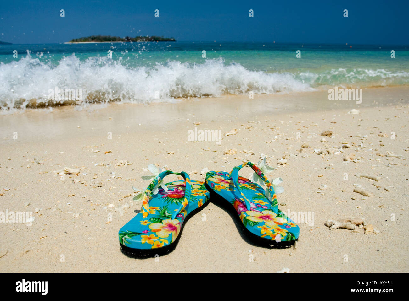 Coppia di sandali infradito sulla spiaggia tropicale cielo azzurro tropici Foto Stock