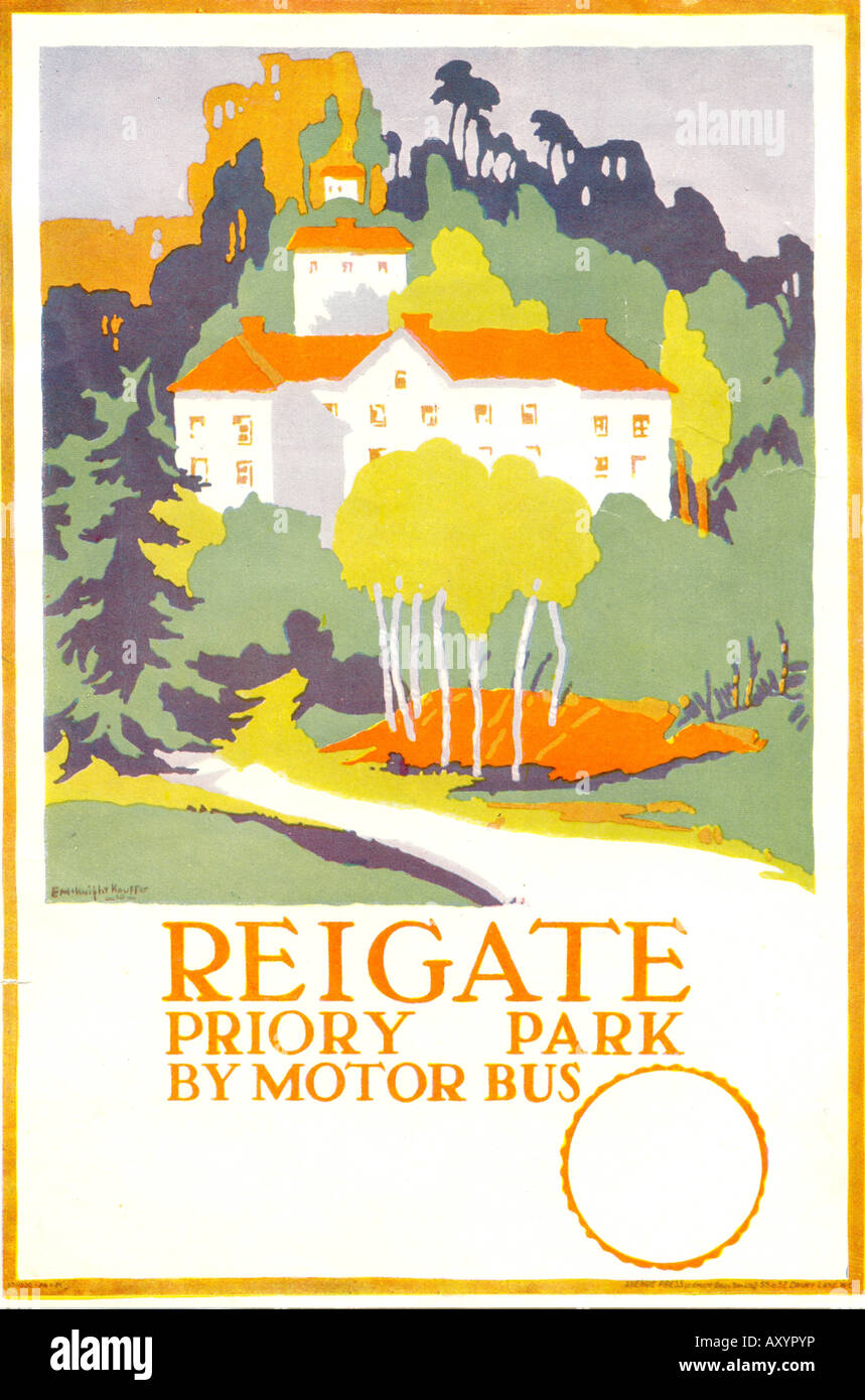 Opuscolo pubblicitario per il motore viaggi in autobus al Priory Park, Reigate, 1920, artista e McKnight Kauffer Foto Stock