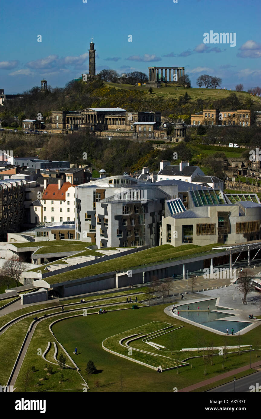 Birds Eye view di edificio del parlamento scozzese, Holyrood, Edimburgo in Scozia, Regno Unito, Europa Foto Stock