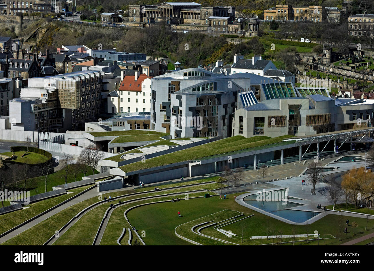 Birds Eye view di edificio del parlamento scozzese, Holyrood, Edimburgo in Scozia, Regno Unito, Europa Foto Stock