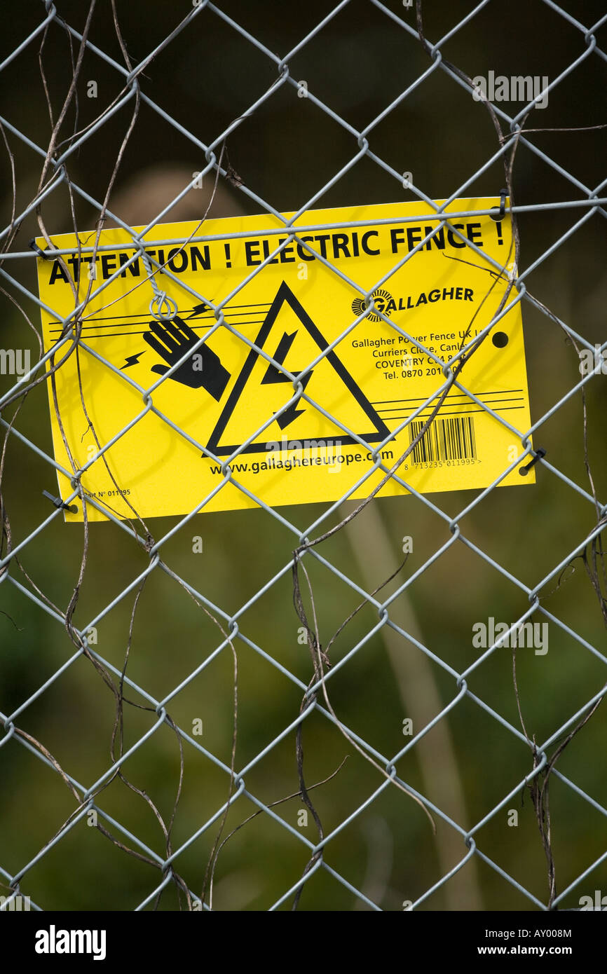 Primo piano di un segnale di avvertimento elettrico della recinzione dietro una recinzione metallica. Sussex, Inghilterra, Regno Unito Foto Stock