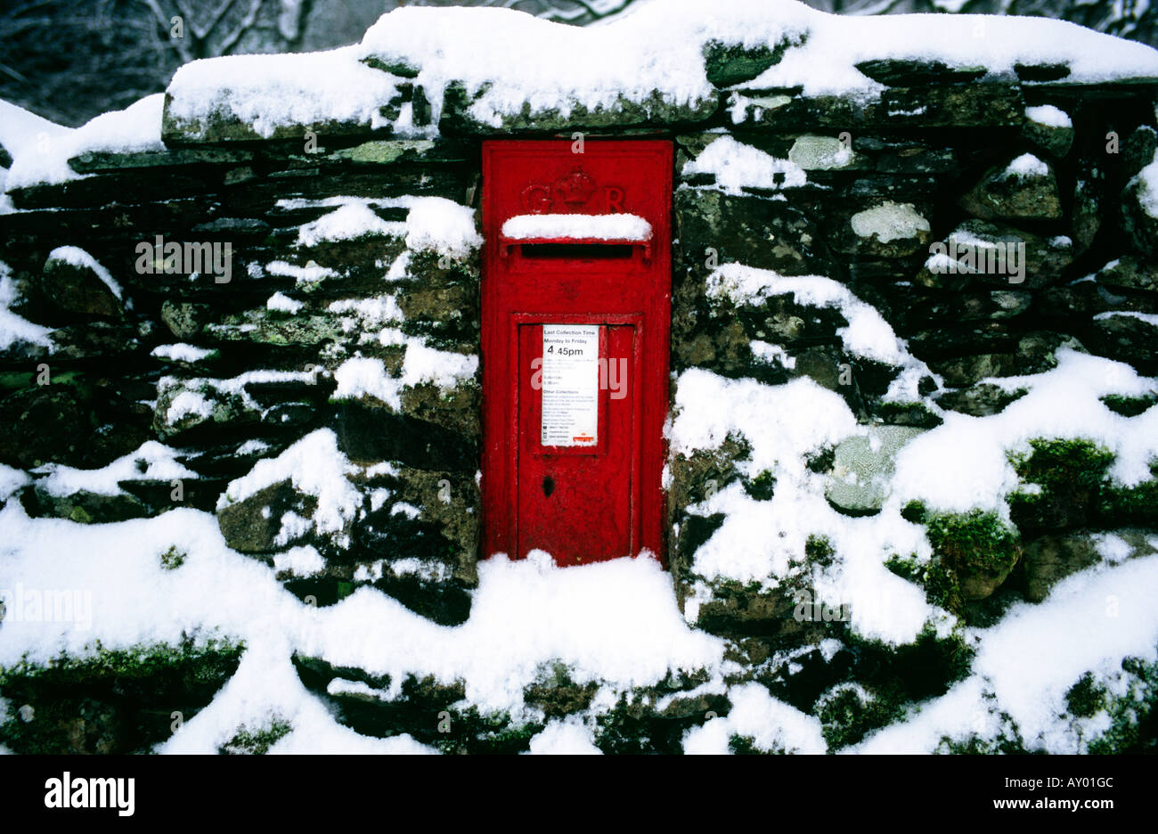 Postbox nella neve, Lake District, Inghilterra Foto Stock