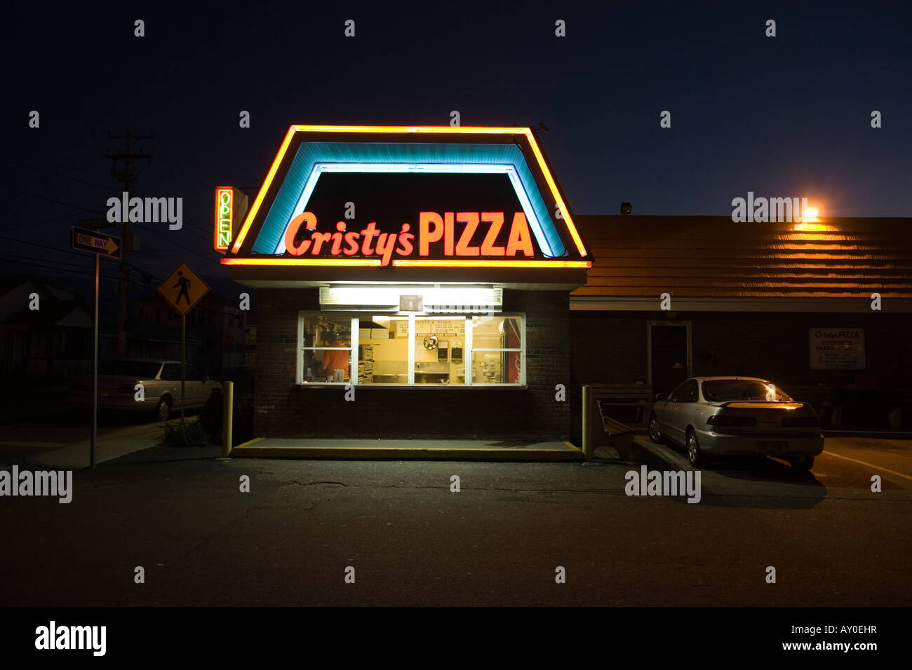 Pizza Shop di notte Hampton, New Hampshire Foto Stock