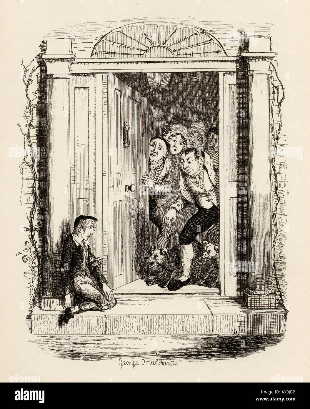 Oliver Twist a Mrs Maylie della porta. Dal libro Le avventure di Oliver Twist Foto Stock
