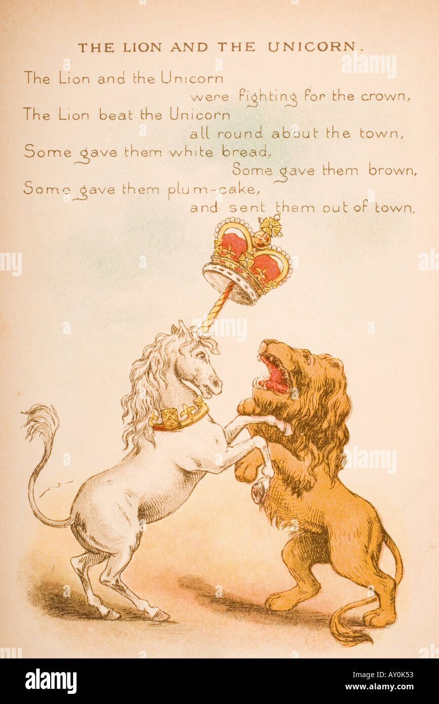 Filastrocca e illustrazione del leone e il bufalo, dalla vecchia madre di oca rime e racconti. Foto Stock