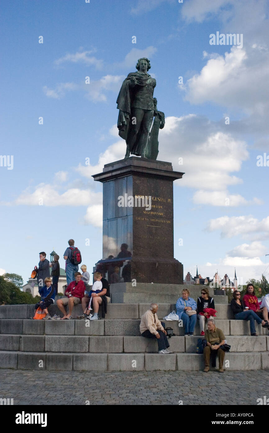 Monumento al Re Gustavo III a piedi di Slottsbacken, Stoccolma, Svezia Foto Stock