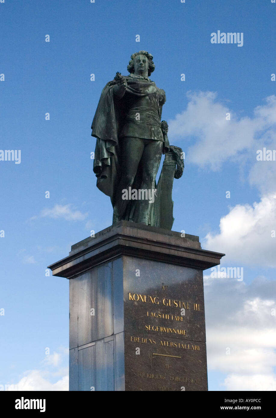 Monumento al Re Gustavo III a piedi di Slottbacken, Stoccolma, Svezia Foto Stock