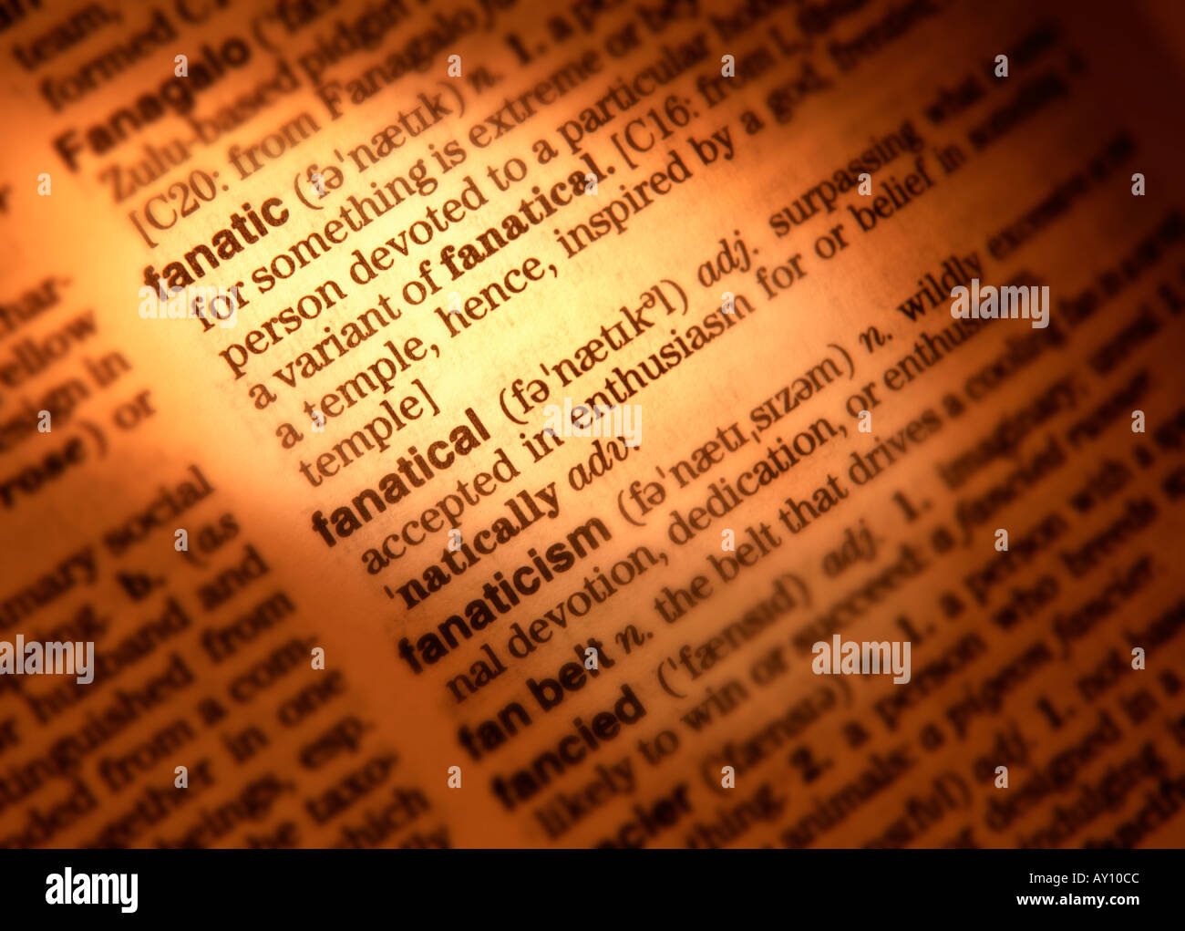 CLOSE UP di dizionario pagina che mostra la definizione di parole FANATIC FANATICI Foto Stock