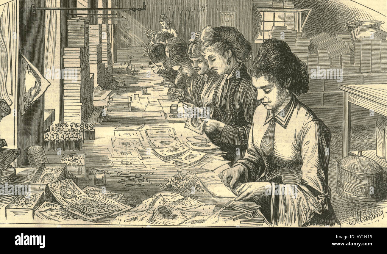 Rimmel di locali di San Valentino 1874 che mostra le ragazze con l'aggiunta di strati decorativi a montature Foto Stock