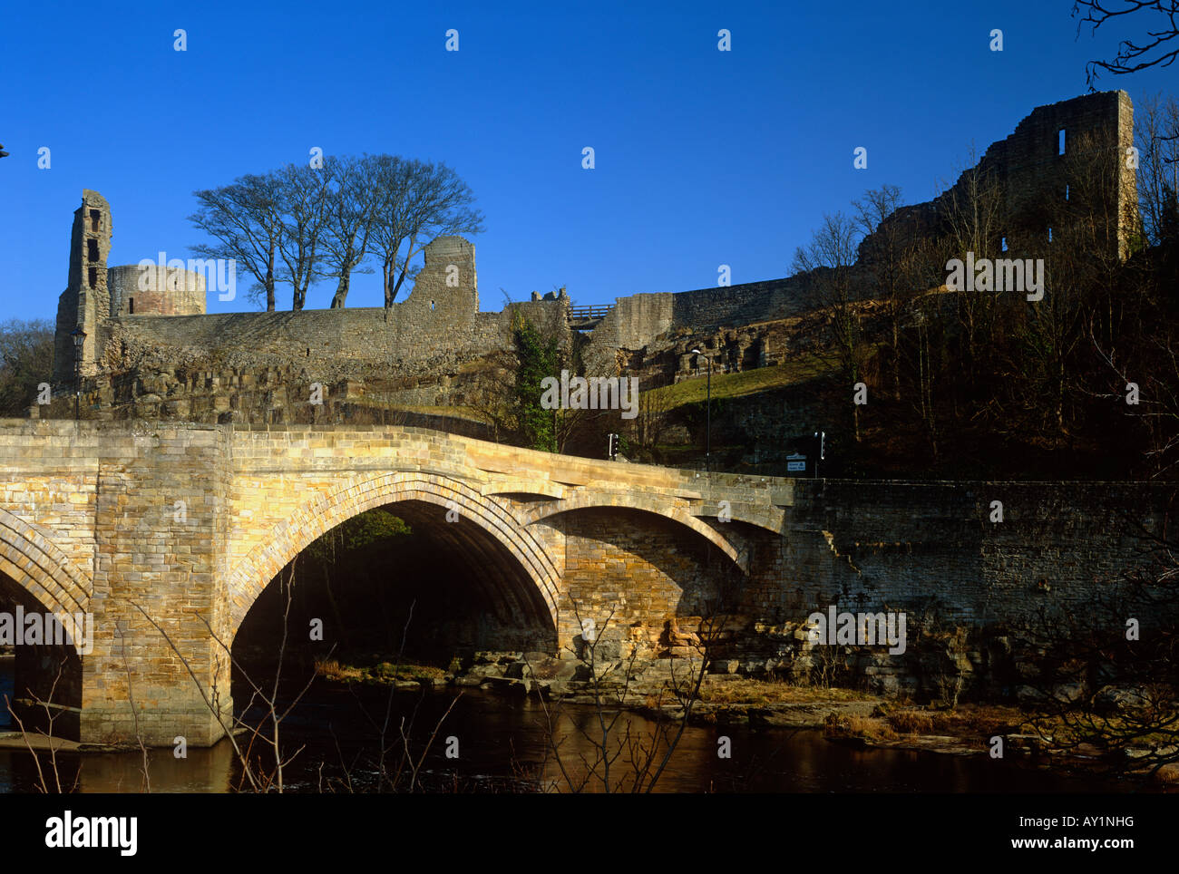 Vista la molla di Barnard Castle e Fiume Tees, Barnard Castle, nella contea di Durham Foto Stock