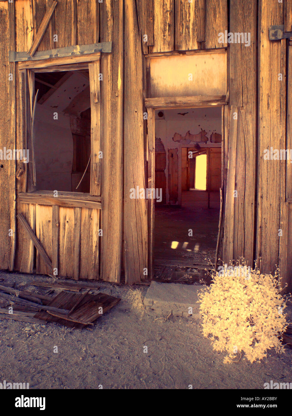 Edificio abbandonato & tumbleweed fotografato in infrarosso False-Color Foto Stock