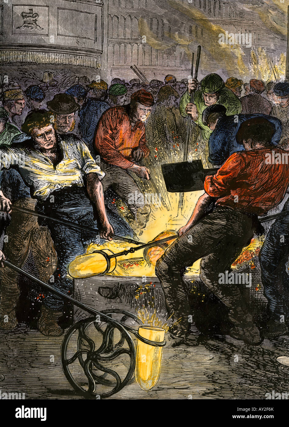 Lavoratori la produzione di acciaio in Inghilterra 1800s. Colorate a mano la xilografia Foto Stock