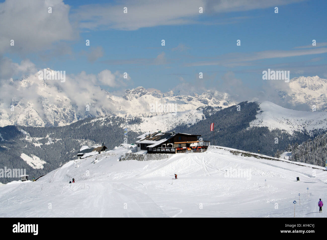 Vista panoramica delle Alpi Svizzere montagne, Crans Montana, Svizzera. Foto Stock