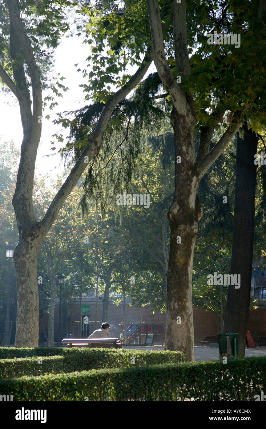 L uomo si rilassa in Plaza Oriente, Madrid, Spagna Foto Stock