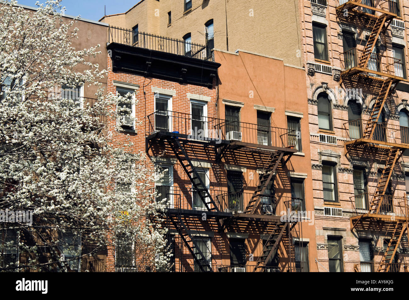 Primavera street view di abitazioni urbane con il fuoco sfugge nella città di New York Foto Stock