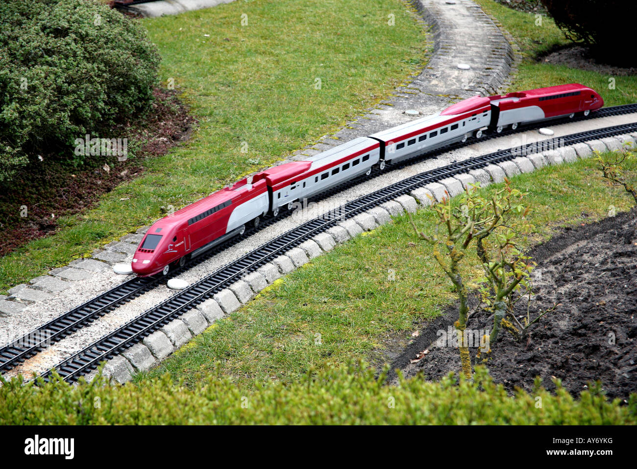 Modello Thalys treno ad alta velocità nel modello Mini-Europe village, Bruxelles Foto Stock