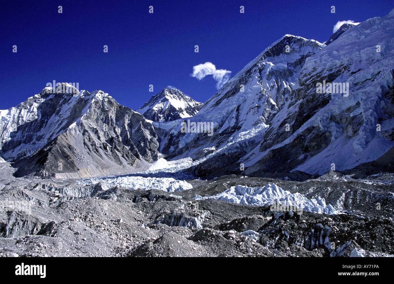 Vista di un deserto Campo Base Everest area con il cloud e rabboccato Everest dietro sul Nuptse prese sull'approccio al campo base Himalaya ne Foto Stock