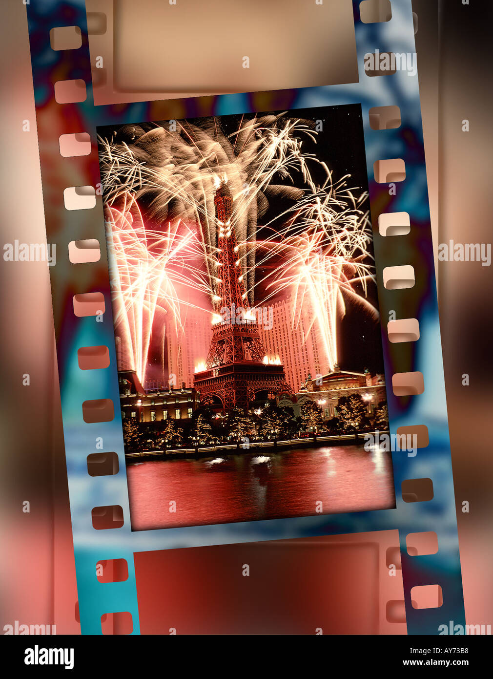 Inquadratura Filmstrip View di fuochi d'artificio a Parigi Hotel e Casinò di Las Vegas Nevada Foto Stock