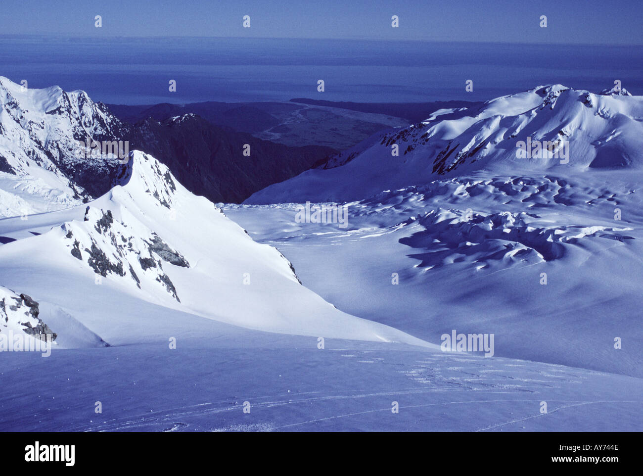 Parte superiore del Ghiacciaio Franz Josef costa ovest di Isola del Sud della Nuova Zelanda e Mare di Tasman Foto Stock