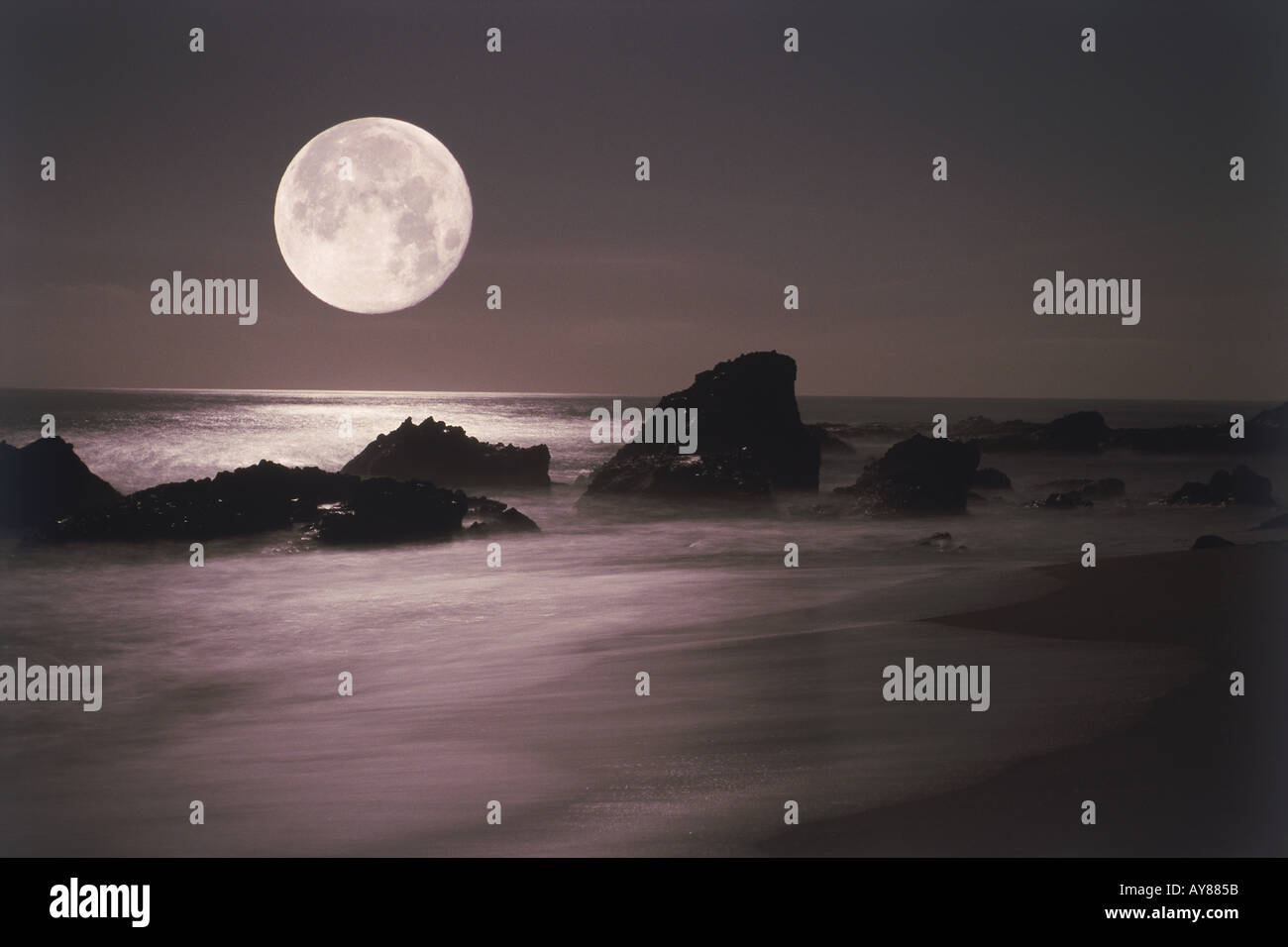 Impostazione della luna sulla spiaggia rocciosa Foto Stock