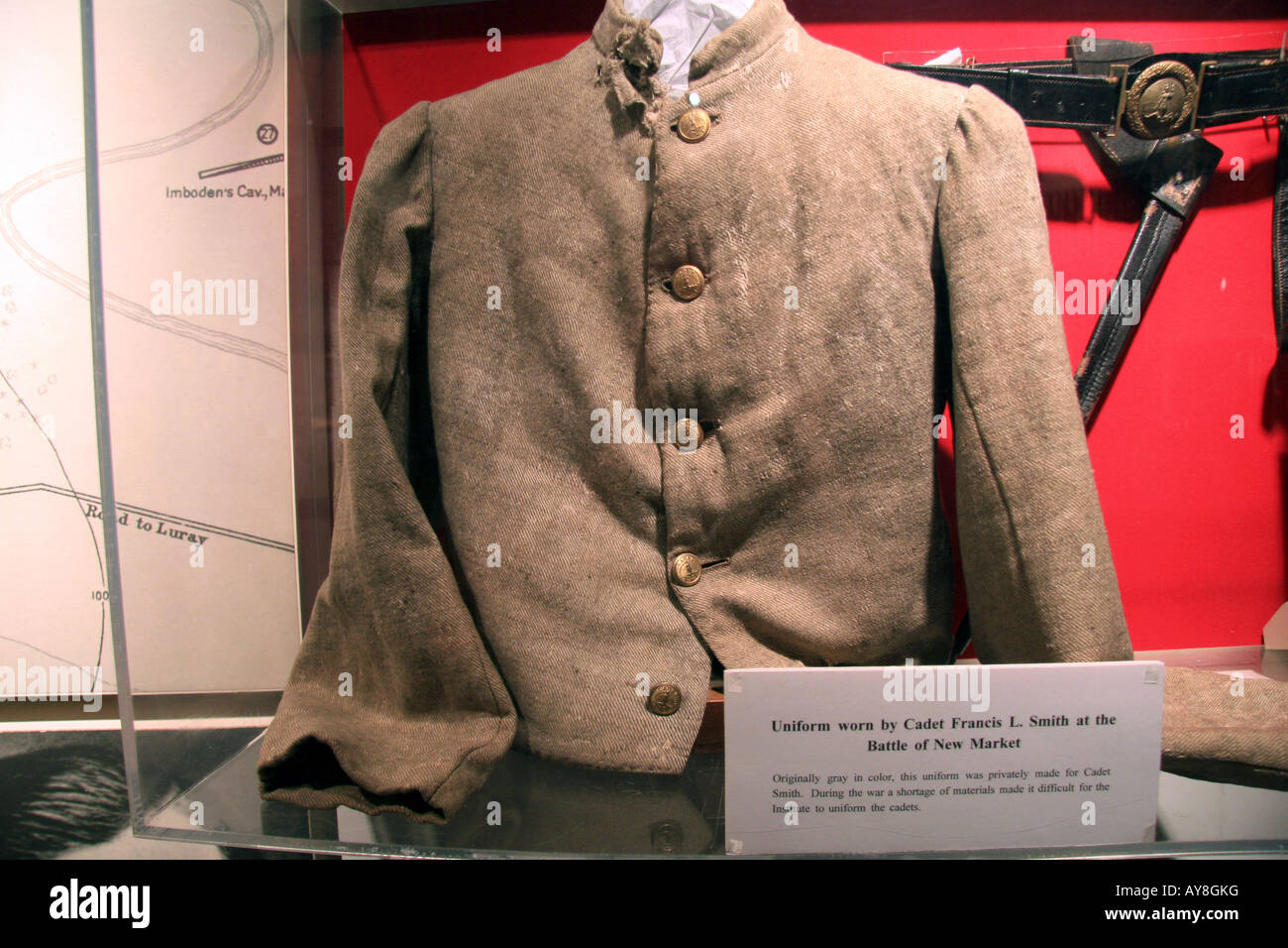 L'uniforme indossata da Cadet Francesco Smith durante la battaglia del Nuovo Mercato, Battlefield State Historical Park, Virginia. Foto Stock