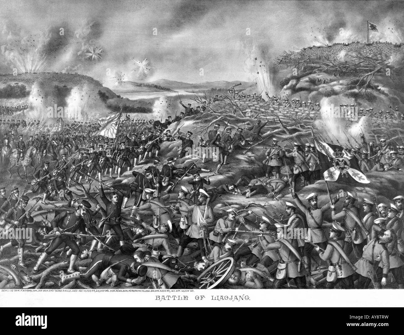 Battaglia di Liaojang in guerra Russo-Giapponese in bianco e nero Foto Stock