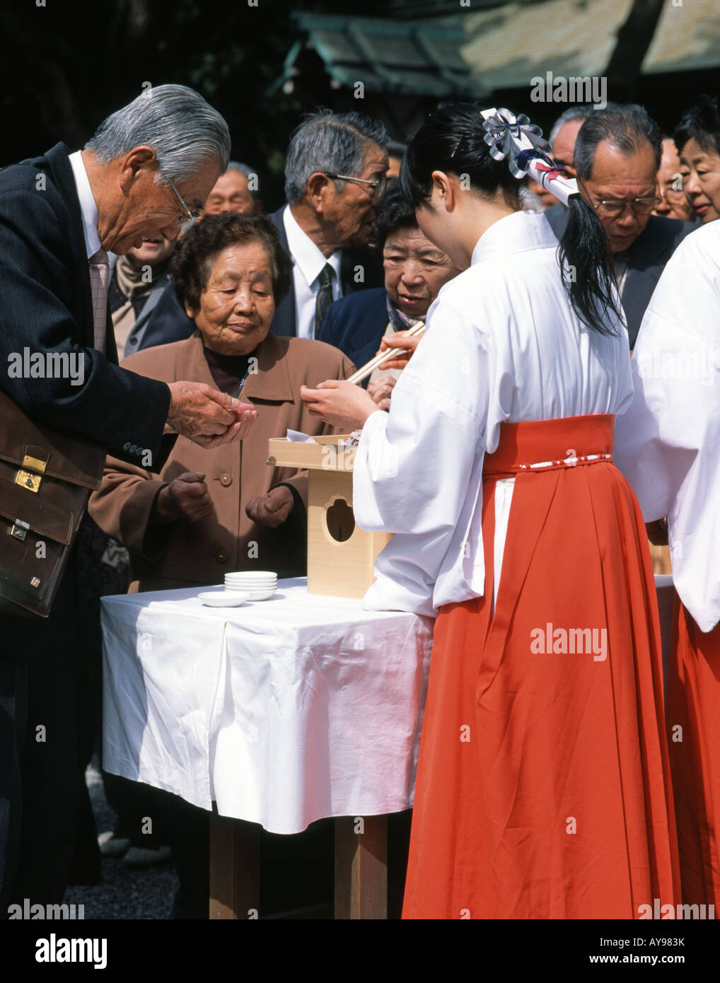 Miko dare i tè e kombu (kelp) per gli ospiti di Atsuta jingu Foto Stock