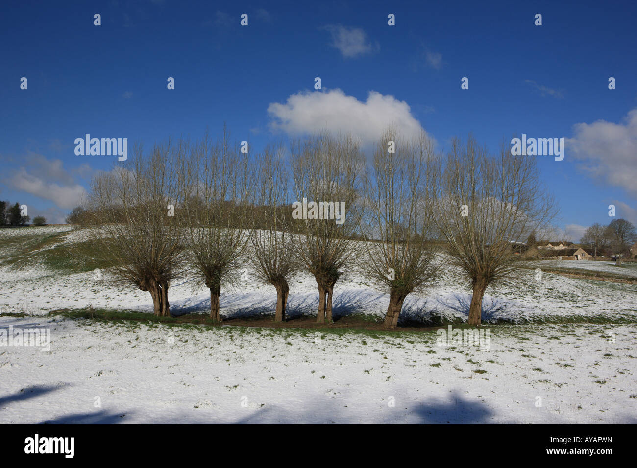 Un giorno di aprile con neve sul terreno a Swinbrook Foto Stock