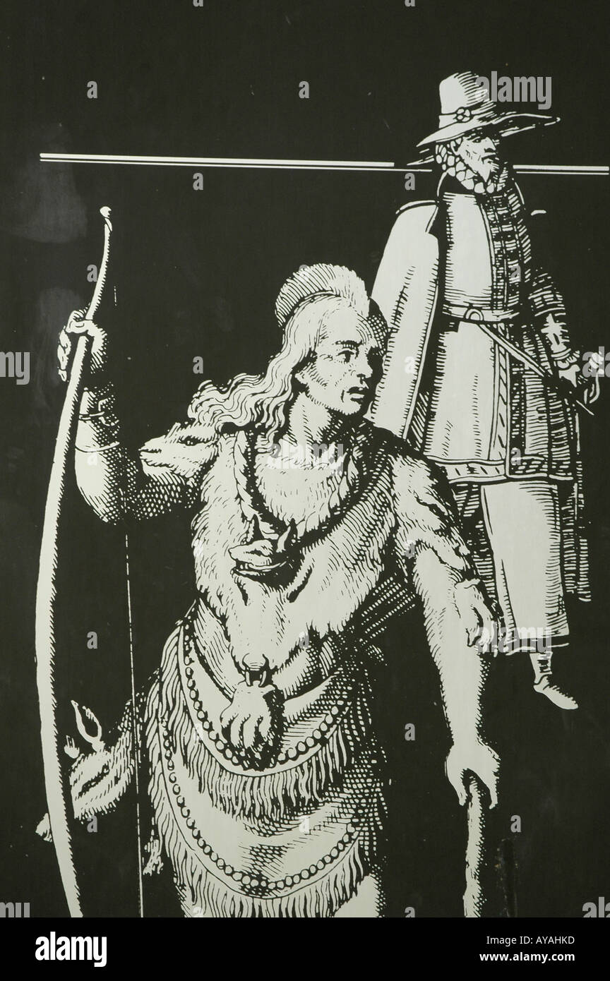 Historic Jamestown sbarco insediamento originale ritratto di Powhatan indiana e inglese decantatore Foto Stock