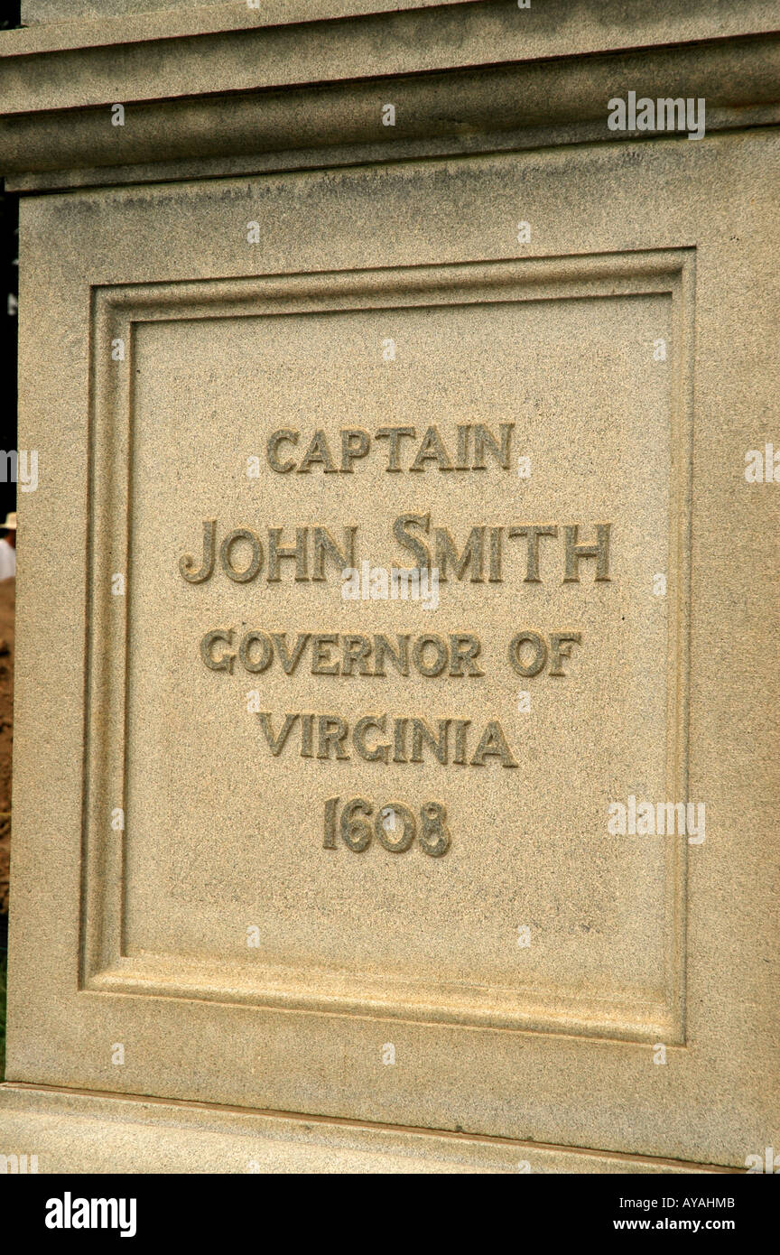 Storico sbarco Jamestowne insediamento originale placca capitano John Smith governatore della Virginia 1608 Foto Stock