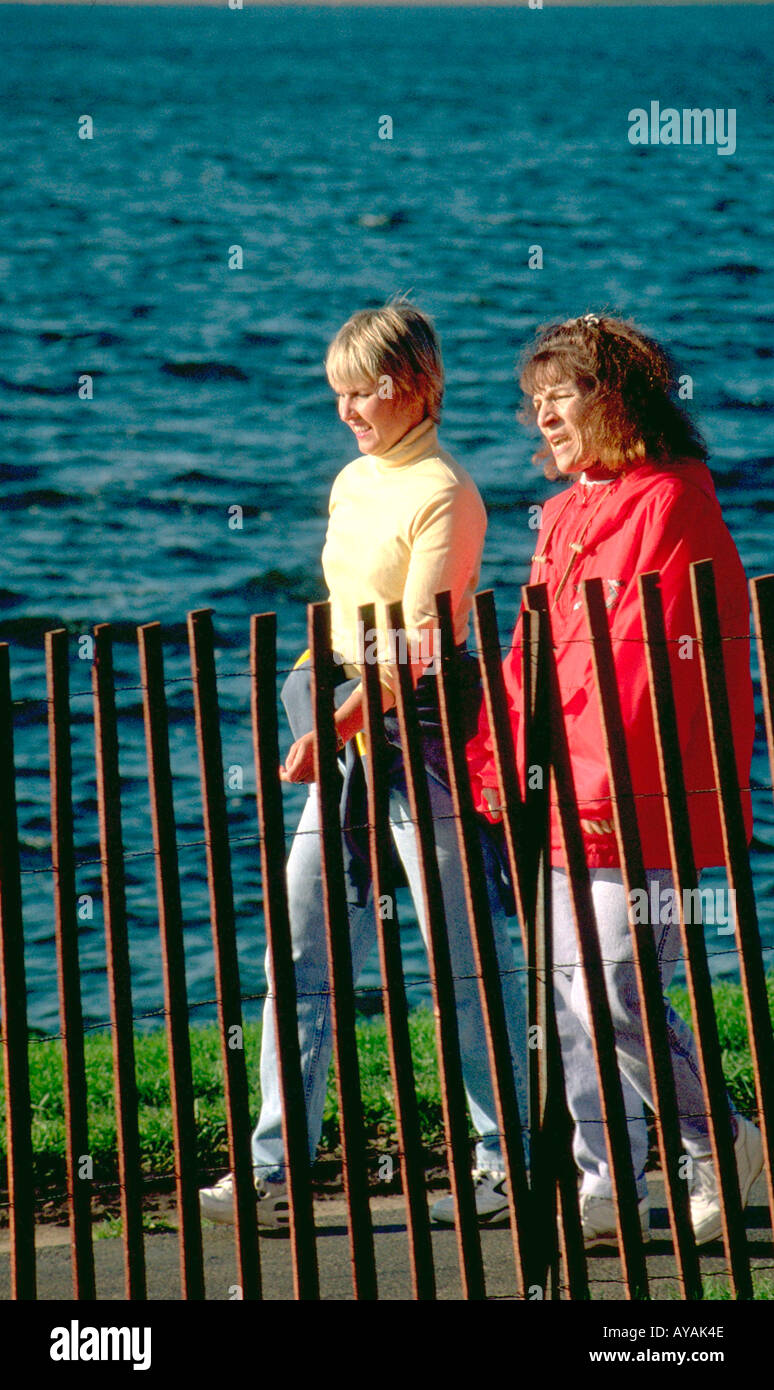 Età donne 35 passeggiando attorno al lago Calhoun da recinzione marrone. Minneapolis Minnesota USA Foto Stock