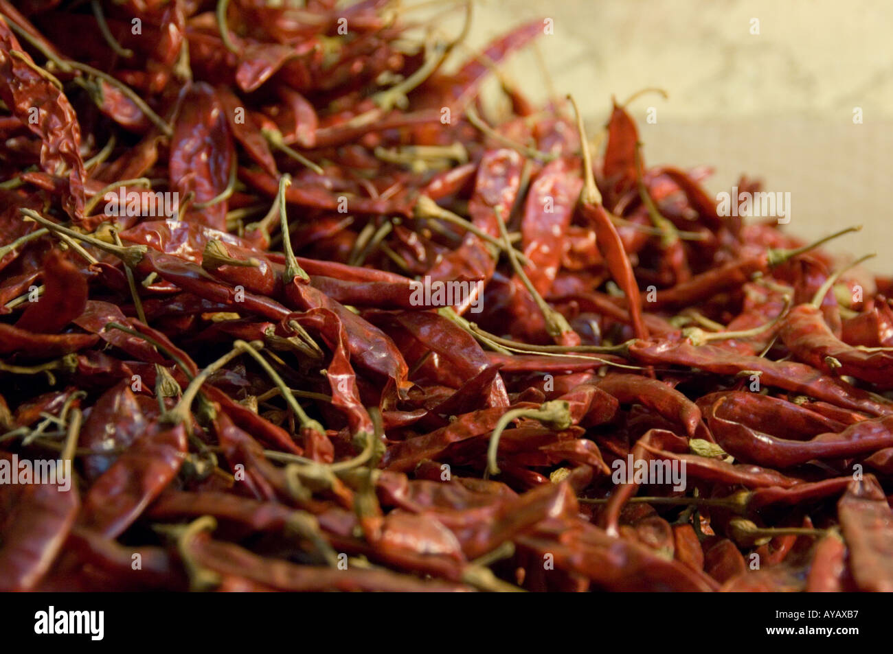 Peperoncini rossi secchi da vendere al mercato di Nuwara Eliya, vicino a Kandy, Sri Lanka. Foto Stock