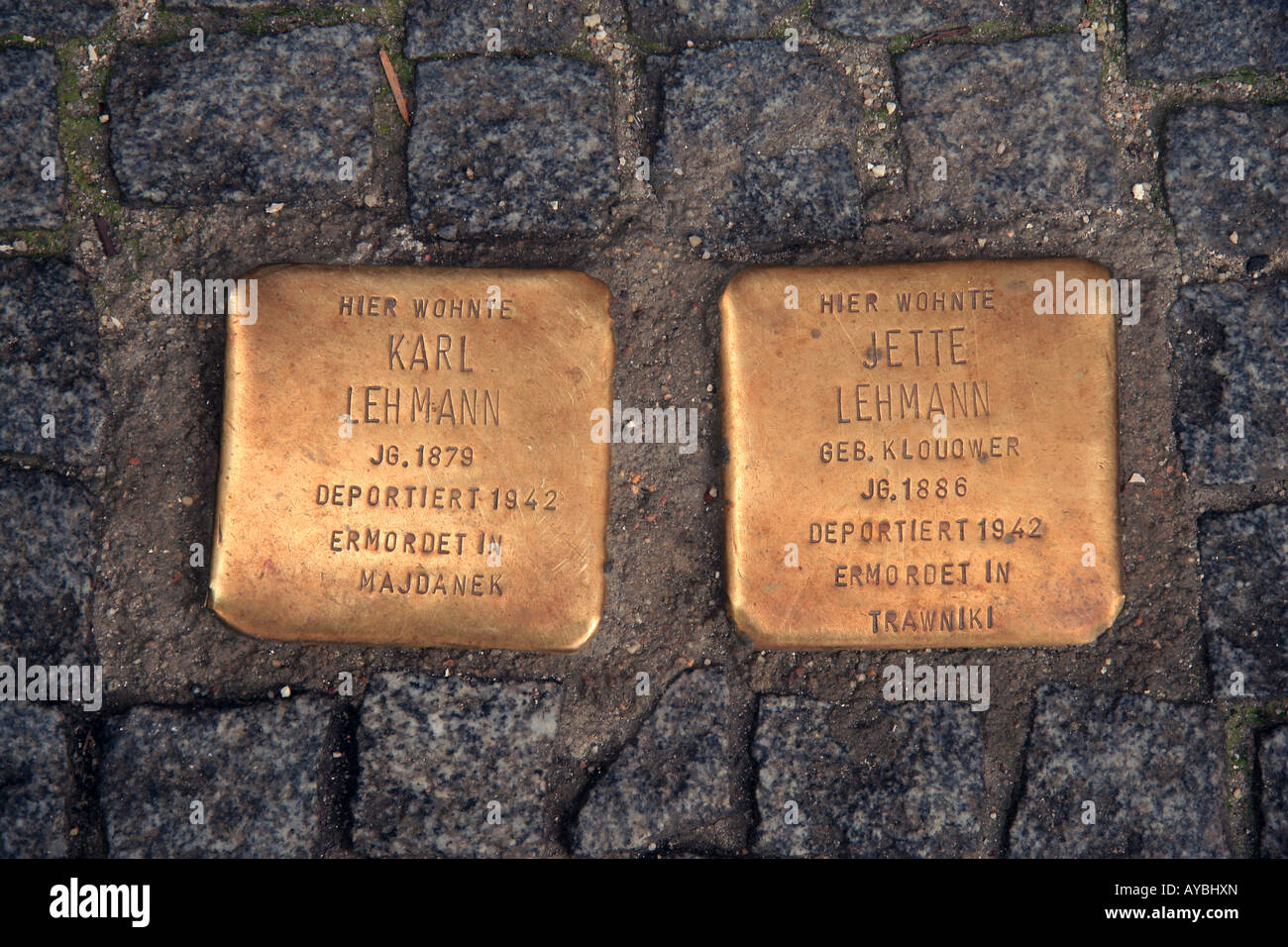 Due memoriale ebreo compresse (Stolpersteine) in Oranienburger Strasse zona di Berlino, Germania. Foto Stock