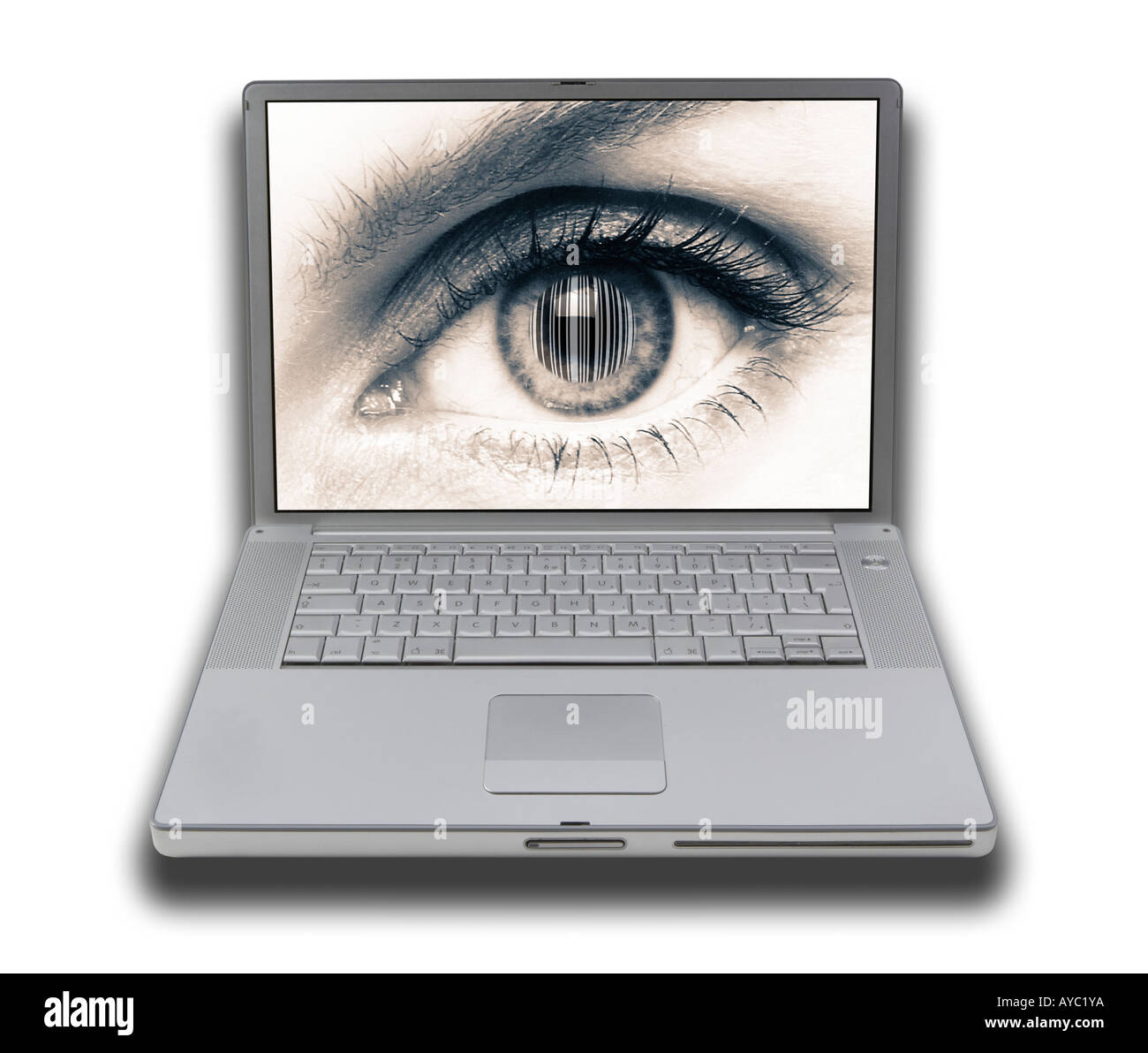 LAP TOP computer portatile con schermo di visualizzazione immagine della femmina di chiudere gli occhi in su con il codice a barre nel centro della pupilla Foto Stock